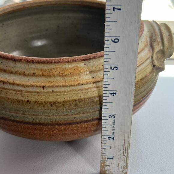 Studio Art Pottery Handmade Striped Speckled Mid Century Bowl 10” X 5.5" Signed - Picture 16 of 16